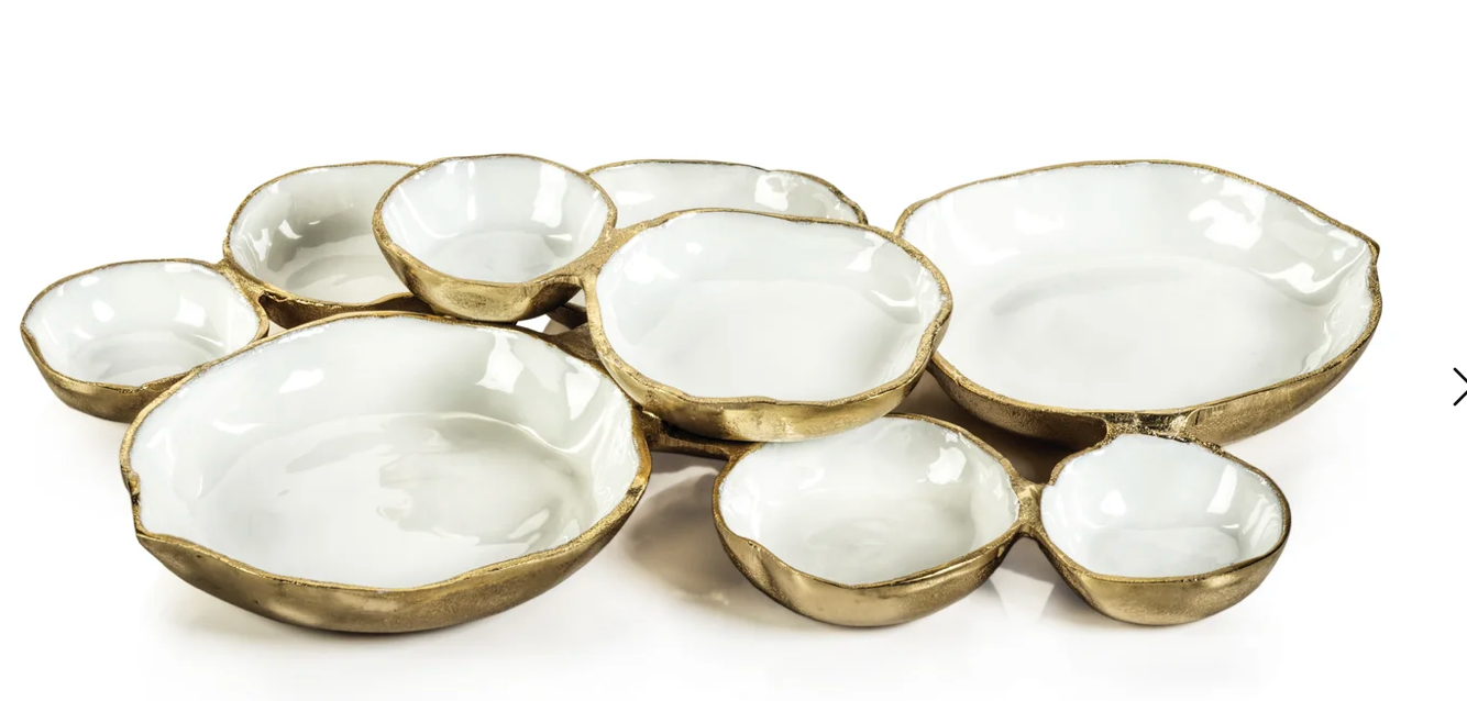 Cluster of Nine Round Serving Bowls - Gold and White